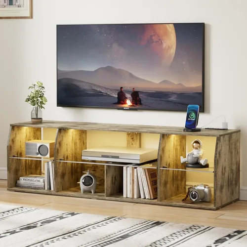 Vista 8 de VECELO Soporte de TV LED para 55 pulgadas, centro de entretenimiento con tomas de corriente, gabinete de televisión industrial para sala de estar