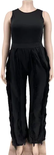 Vista 3 de PRIVIMIX Conjunto de 2 piezas para mujer, talla grande, con flecos, con borlas, pantalones largos, sin mangas, camiseta sin mangas, ropa