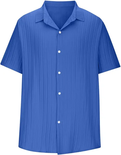 Vista 4 de Ctreela Camisa cubana de lino de manga corta para hombre, ligera, con botones, guayabera, camisas de trabajo casuales con cuello vuelto