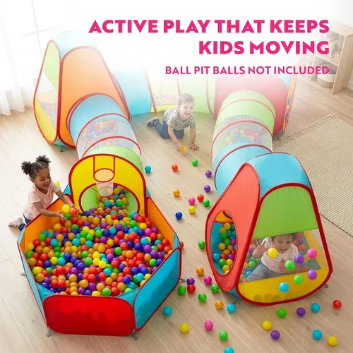 Vista 5 de Playz Paquete de tienda de juegos para niños de 7 piezas con 1 gran pelotero para bebés, 3 túneles de juego para niños pequeños y 3 tiendas