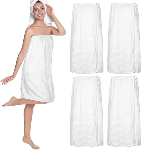 Vista 8 de Tigeen 4 toallas de spa para mujer, bata de spa con cierre ajustable, parte superior elástica, cubierta ligera para baño y ducha (negro, rayas)