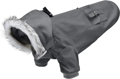 Vista 3 de Gabardina cálida con capucha para perro, resistente al viento, para clima frío (S, negro gris)