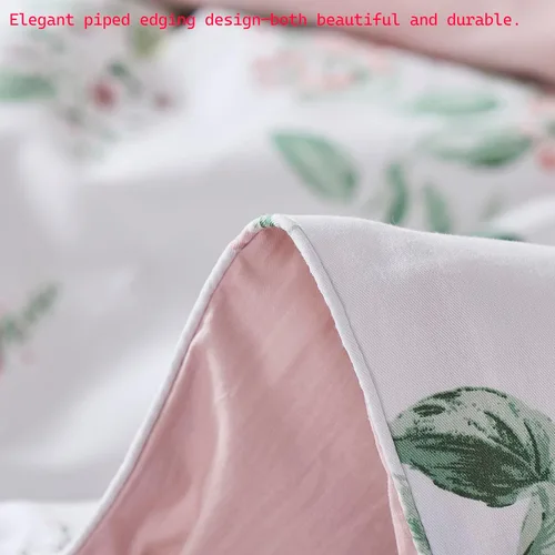 Vista 7 de Helthep Funda de edredón floral tamaño Twin, 100% algodón, con estampado de flores rosas, funda de edredón vintage botánica con hojas verdes, funda