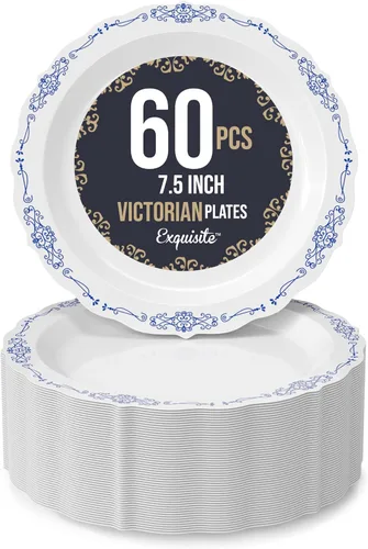 Vista 21 de SIZENAME - Platos de plástico desechables, diseño victoriano de calidad premium, color crema, para fiestas y bodas, 60