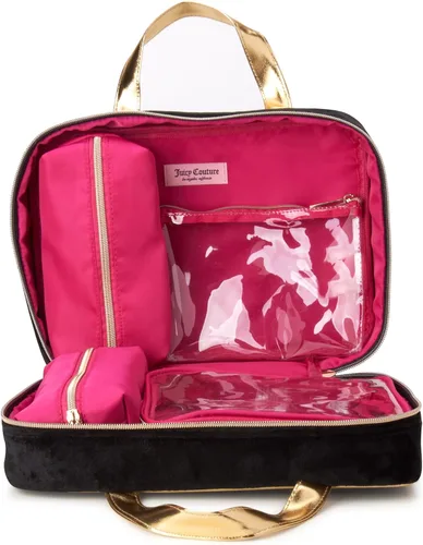 Vista 5 de Juicy Couture Bolsa de maquillaje negra Organizador de cosméticos Esenciales de viaje Weekender Velour Rhinestone Gold Trim