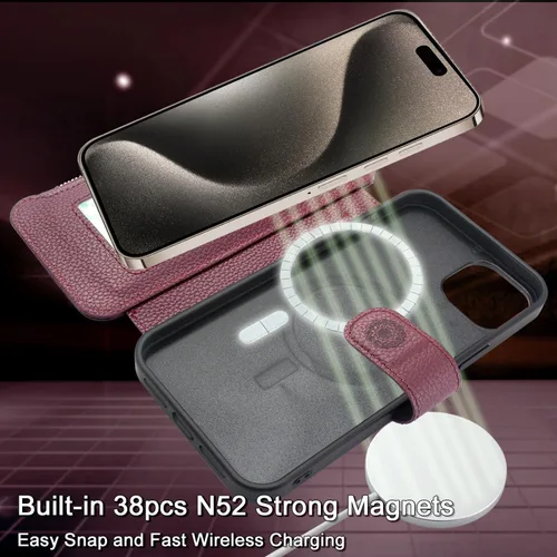 Vista 4 de Harryshell Funda compatible con iPhone 15 Pro, con carga inalámbrica MagSafe con 3 ranuras para tarjetas, bolsillo con cremallera, bolsillo