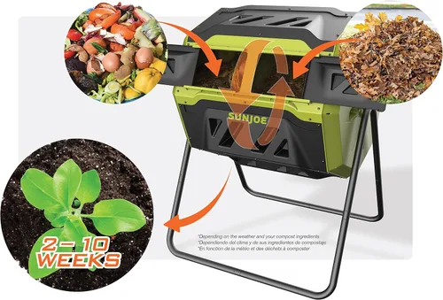 Vista 2 de Sun Joe SJ-CMPS1 - Contenedor de compostador con cámara doble de 360 grados, 42 galones Vaso giratorio de compost, de 2 a 10 semanas