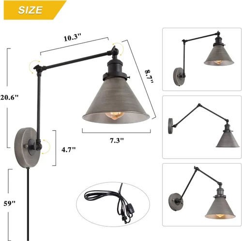 Vista 5 de LNC Lámpara de pared con brazo oscilante, moderna lámpara de pared enchufable, ajustable, estilo granja, plata envejecida cepillada (paquete de 2)
