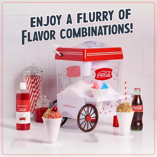 Vista 5 de Nostalgia Coca-Cola Máquina de Raspados de Nieve de Hielo Raspado - Máquina de Granizados Retro de Mesa Coke Hace 20 Golosinas Heladas - Incluye 2