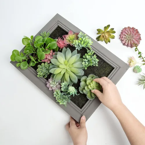 Vista 3 de Arte de pared de suculentas artificiales 3D, arreglo de flores falsas con marco floral, decoración de pared para decoración de habitación, fondo