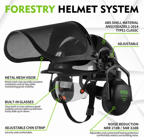 Vista 2 de GREEN DEVIL Casco protector de seguridad para motosierra, casco forestal con visera integrada de malla, protector facial de malla, orejeras 4 en 1
