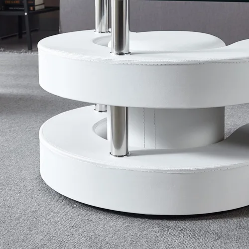 Vista 6 de Juego de mesa auxiliar contemporánea, mesa de centro ovalada de vidrio con base en forma de S y 2 taburetes de piel sintética, mesa de centro