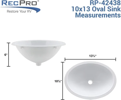 Vista 6 de RecPro Fregadero ovalado para autocaravana 10 x 13 pulgadas Blanco Sin grifo