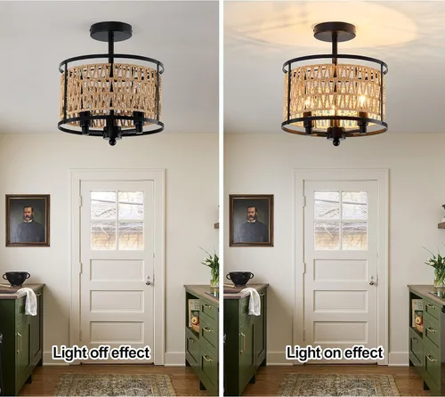 Vista 4 de Lámpara de techo de ratán de 3 luces, de 11 pulgadas, estilo bohemio, semiempotrada, lámpara de techo negra tejida a mano para casa de campo