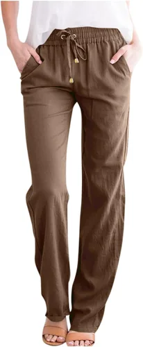 Vista 2 de HRSTUYL Pantalones de algodón para mujer, de algodón, con cordón elástico, cintura elástica, pantalones rectos largos y rectos para mujer