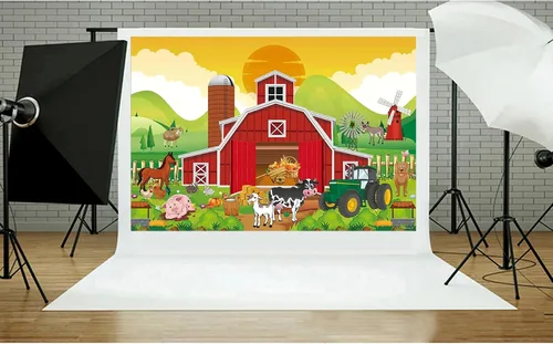 Vista 4 de Telón de fondo rojo de granero para niños, decoración de fiesta de cumpleaños, dibujos animados de animales de granja, granero, fondo de fotografía