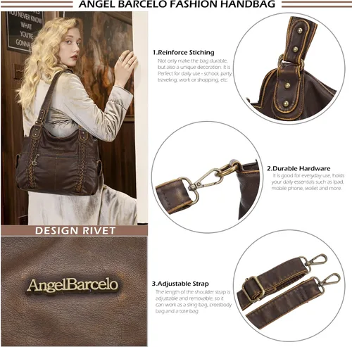 Vista 97 de Angel Barcelo - Bolsa de hombro amplia para mujer, diseño Hobo, cuero lavado