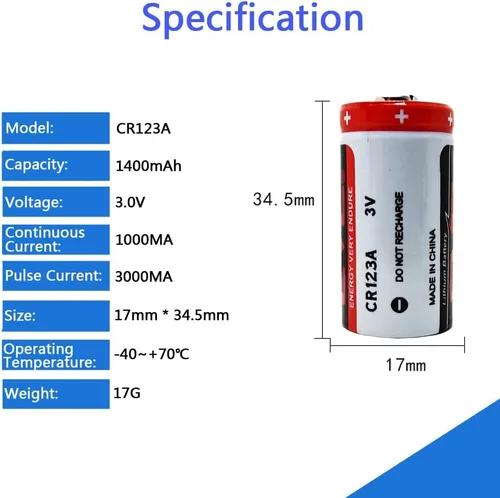 Vista 2 de Paquete de 2 baterías de litio CR123A de 3 V de 1400 mAh para cámaras, linterna, alarma, sensores inteligentes (no recargables)