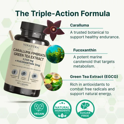 Vista 4 de VINATURA Caralluma Fimbriata, EGCG 45% Extracto 1250mg + Fucoxantina 3mg por porción, para apoyo inmunológico, energía y enfoque mental - 60