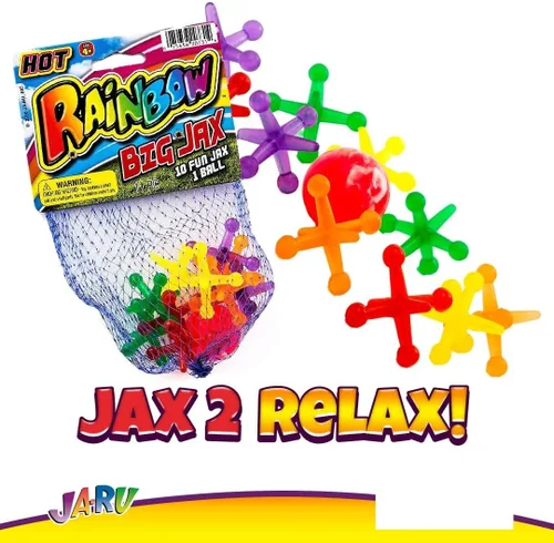 Vista 3 de JA-RU Juego Big Rainbow Jacks con pelota hinchable (1 juego, 10 piezas Jax) juegos de mesa vintage, juguetes clásicos para niños. Recuerdo