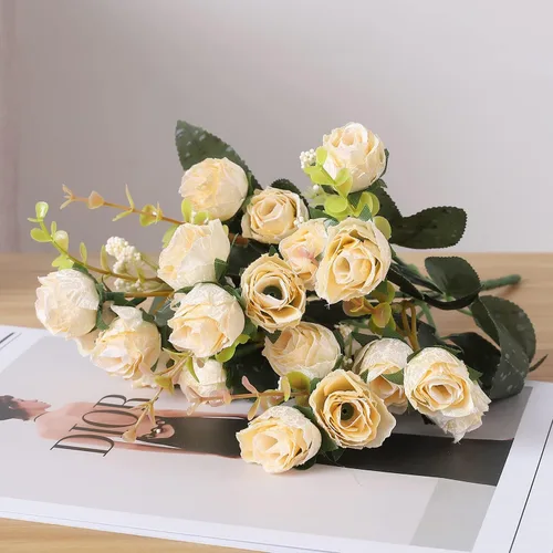 Vista 3 de Duovlo 7 ramas de 21 cabezas de rosas artificiales, ramo de flores artificiales para decoración de boda, hogar, oficina, paquete de 2