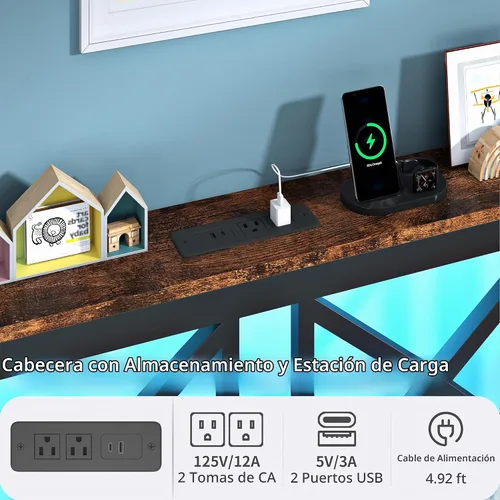 Vista 4 de ChicZhiNest Marco de cama tamaño Twin con estación de carga y luces LED, cama de plataforma de metal con cabecera de madera y estante