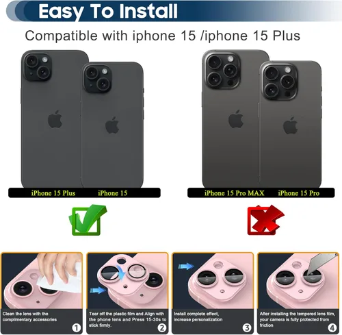 Vista 2 de Suoman Protector de lente de cámara para iPhone 15 de 6.1 pulgadas/15 Plus de 6.7 pulgadas, [metal fresco] Funda protectora de vidrio templado