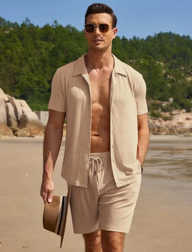 Vista 3 de COOFANDY Conjunto de 2 piezas para hombre, de manga corta, casual, con botones, camisa de verano y playa