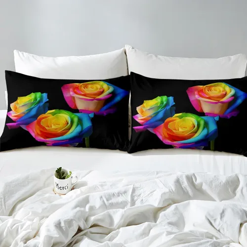 Vista 5 de Juego de funda de edredón con diseño floral de rosas arcoíris para niños, niñas y mujeres, funda de edredón colorida para parejas, enamorados, día