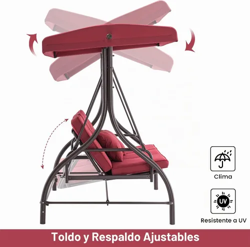 Vista 4 de MCombo - Silla de columpio para patio al aire libre, respaldo ajustable y dosel, silla de columpio para porche, con cojines, 3 asientos