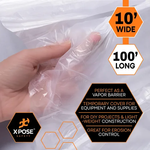 Vista 3 de Xpose Safety Láminas de plástico transparente – Rollo de 10 x 100 pies – Hoja de polietileno resistente de 3.4 mil – Impermeable, a prueba de polvo