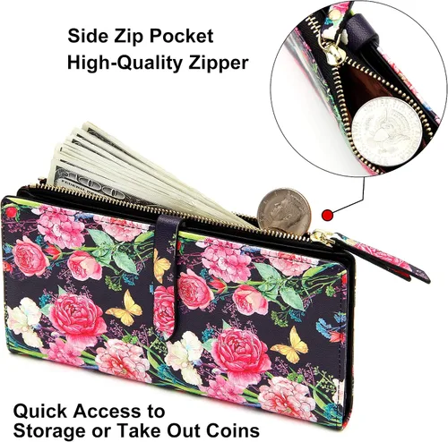 Vista 4 de YOUBDM Billeteras delgadas para mujer, tarjetero RFID plegable con bolsillo con cremallera, Rosa