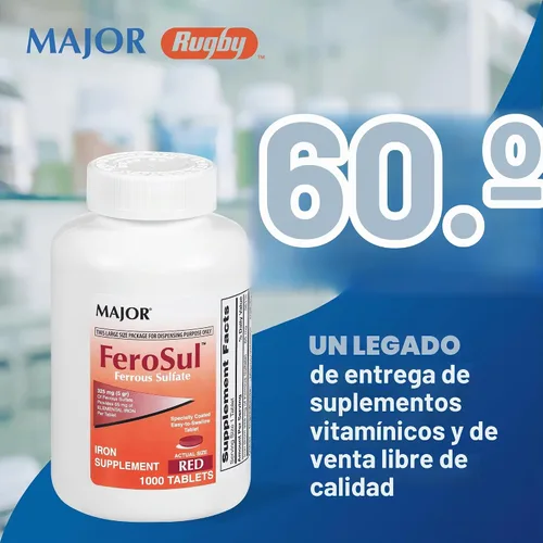 Vista 2 de Major Ferosul - Tabletas de sulfato ferroso de 325 mg con 65 mg de hierro elemental, suplemento de hierro para mujeres, hombres, rojo, 100