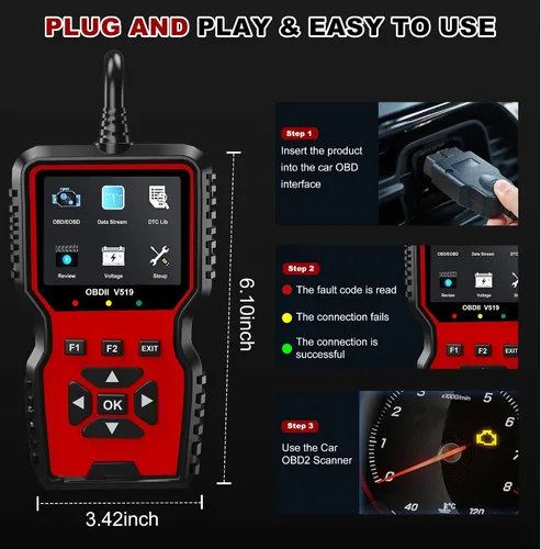 Vista 5 de V519 OBD2 Herramienta de diagnóstico escáner – Vechicle Check Motor Lector de código de luz con probador de voltaje de batería, preparación I/M, Rojo