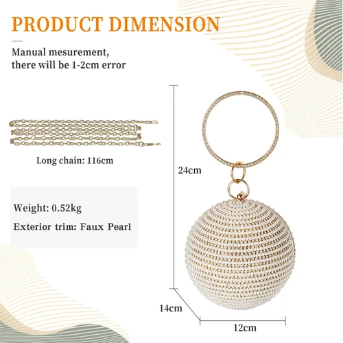 Vista 3 de Bolso de noche para mujer, bolso de mano redondo con cuentas de perlas, bolso de mano con diamantes de imitación