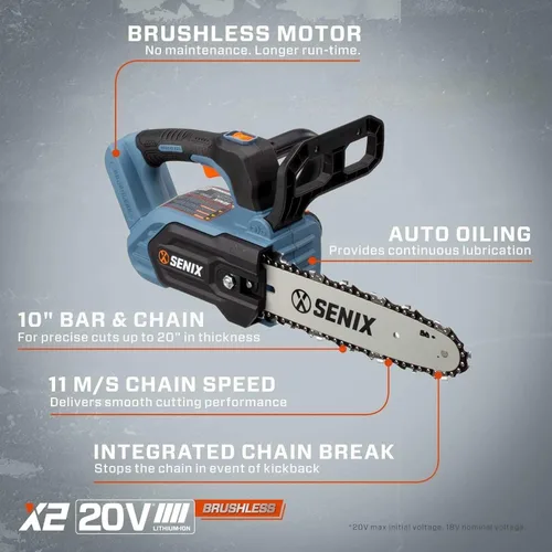 Vista 7 de SENIX Motosierra inalámbrica, motosierra de batería de 20 V y 10 pulgadas, motosierra sin escobillas, incluye batería de 2.5 Ah y cargador