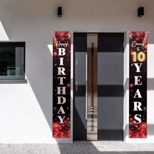 Vista 3 de Letrero de feliz cumpleaños número 10 para puerta, color rojo y negro, decoración temática de fiesta de cumpleaños con purpurina para niños y niñas