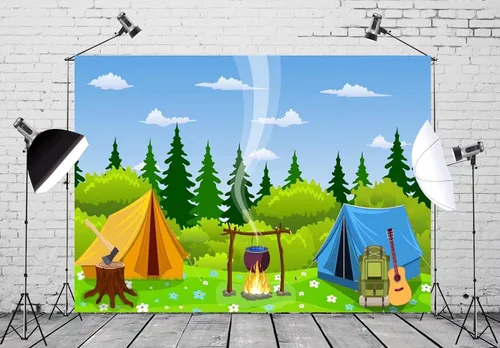 Vista 2 de BELECO Telón de fondo de campamento de 5 x 3 pies, tela de dibujos animados, escena del bosque, fogata, tienda de campaña, tienda de campaña