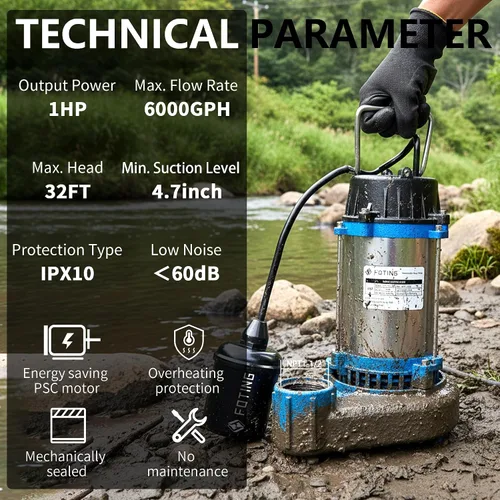 Vista 2 de FOTING 1HP 6000 GPH Bomba sumergible de aguas residuales/efluentes – Hierro fundido resistente – Bomba séptica de 115 V para cuenca de sumidero