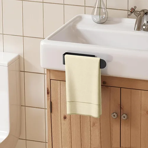 Vista 7 de Toallero adhesivo, toallero de mano autoadhesivo para baño montado en la pared, barra de toalla de mano cuadrada de 8 pulgadas para armario de Negro