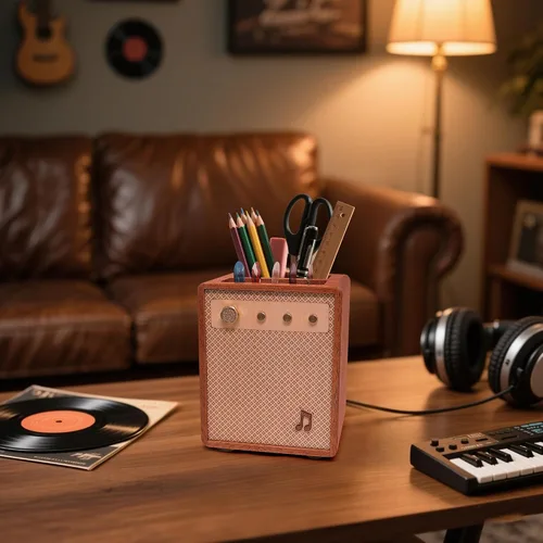 Vista 6 de CoolGift Mart Accesorios para Guitarra, Soporte para Púas de Guitarra de Madera Sapele con Estilo de Amplificador y Almacenamiento para Lápices