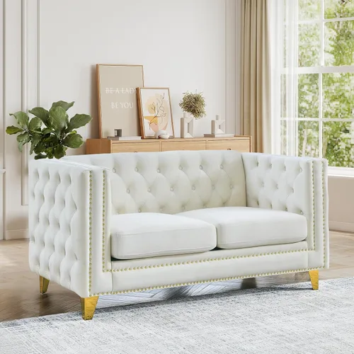Vista 12 de JEEOHEY Juego de Sofás Chesterfield de 2, Sofá Moderno de Terciopelo con Capitoné y Ribete de Tachuelas, Sofá Tapizado de Asiento Profundo, Sofá