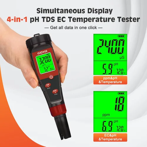Vista 2 de Probador de pH Digital para Agua, Medidor de pH para Agua Hidropónica, Probador de TDS EC PPM para Nutrientes de Plantas, Medidor 4-en-1