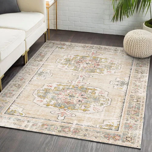Vista 4 de wxnzsl Alfombra bohemia vintage lavable a máquina con respaldo antideslizante, alfombra persa envejecida de pelo bajo para dormitorio, cocina y baño