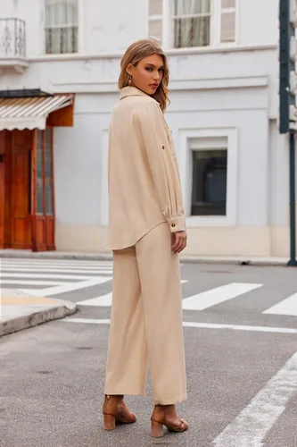 Vista 6 de Zeagoo Conjunto de 2 piezas de lino para mujer, camisa con botones y pantalones largos con cordón, conjuntos de verano