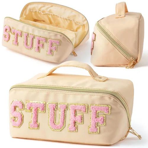 Vista 16 de Y1tvei Preppy Patch SKIN Letra Blanca Rosa Bolsa de Aseo para Cosméticos de Piel Sintética Bolsa de Maquillaje Portátil Bolsa de Almacenamiento