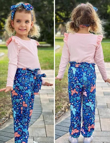 Vista 4 de Arshiner Conjunto de 3 piezas de camiseta con volantes y estampado floral con diadema para niñas pequeñas