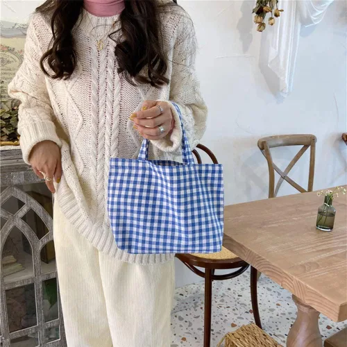 Vista 2 de Joyhey 1 bolsa de lona pequeña a cuadros, bolsa de compras para comestibles, bolsa de playa de 7.9 x 12.6 pulgadas