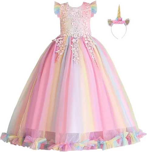 Vista 5 de Vestido de princesa de tul arcoíris para niñas, fiesta de cumpleaños, boda, concurso, Navidad, Halloween, disfraz con diadema