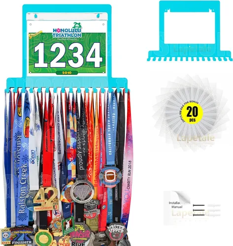 Vista 7 de Colgador de medallas para carreras, exhibición de medallas de maratón y colgador de medallas para corredores, exhibición de medallas con dorsal